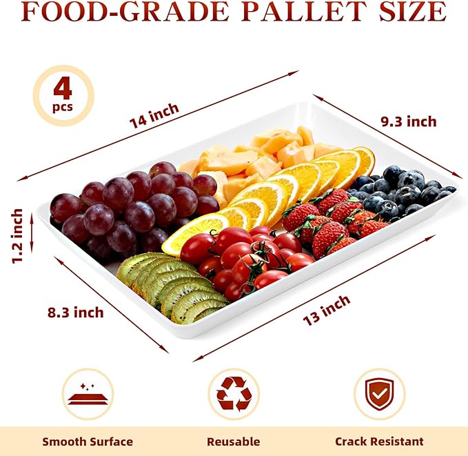 4 Pack White Plastic Serving Trays, Stackable & Lightweight Set for Parties, BBQ, Camping, Desserts & Snacks – Perfect for Hostess Gifts & Kitchen Organization