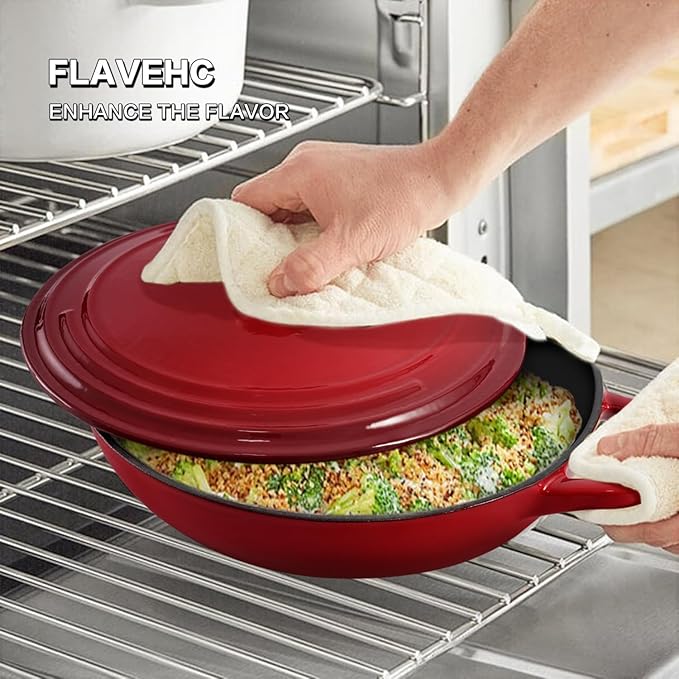 Flavehc Braiser Enameled Cast Iron Braiser 2.25 qt Braiser Pan with Lid Red Shallow Cast Iron Casserole Braiser Pan with Handels
