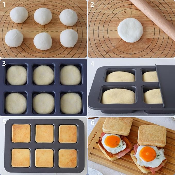 Elesinsoz 6 Cup Square English Muffin Pan with Lid Straight Side Hamburger Burger Bun Egg Sandwich Frittata Cinnamon Roll Focaccia Quiche Pancake Nonstick Baking Tin Tray Mold
