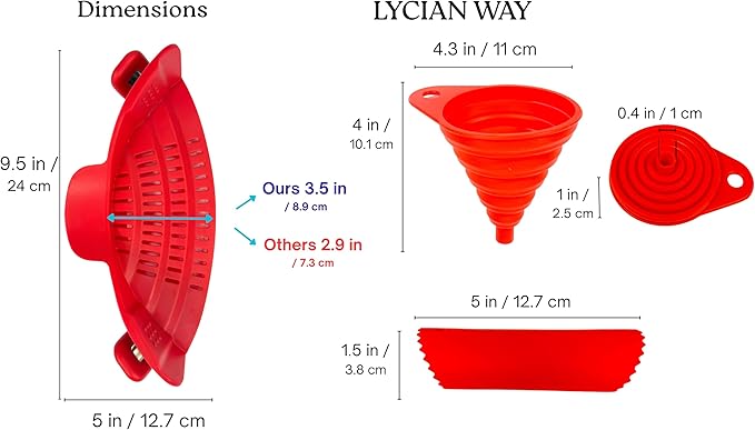 Clip on Strainer Silicone for All Pots and Pans, Colander, Pot Strainer for Pasta, Meat, Vegetables, Space Saving Design, Food-Safe with Collapsible Funnel, Garlic Peeler, 3 Pack (Red)