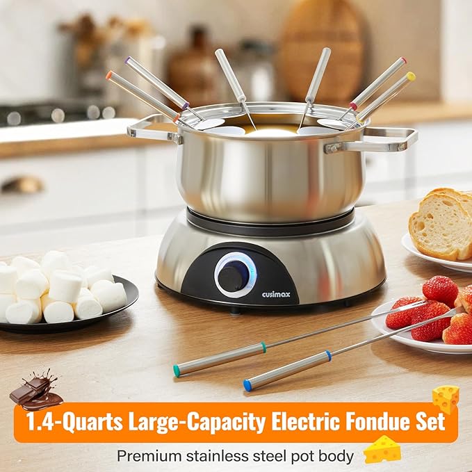 CUSIMAX Electric Fondue Set, 1500W Electric Fondue Pot with Luminous Control Dial, 8 Colour Coded Stainless Steel Forks, For Chocolate, Cheese, Broth, Oil, Stainless Steel Fondue Maker, 1.4Quart