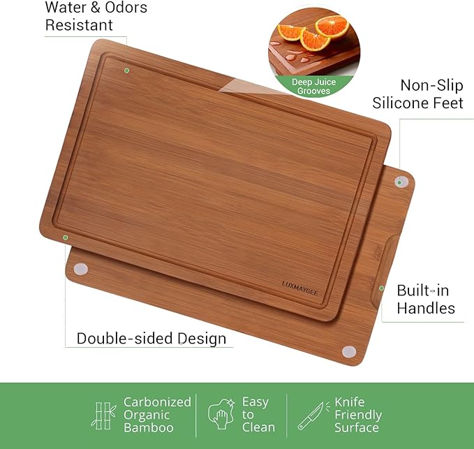 Bamboo Cutting Board Set, 3-Piece Carbonized Wood Cutting Boards with Deep Juice Groove, Non-Slip Feet & Handles – Durable Cutting Board for Meat, Vegetables, Fruits, Charcuterie, Ideal Kitchen Gift