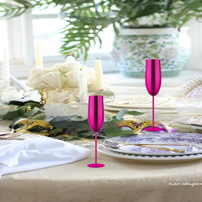 Stainless Steel Champagne Flutes Set of 4-Wedding &Birthday Gifts,8.5 Oz Unbreakable Champagne Glass with Long Stem,Reusable Indoor Outdoor Drinkware (Purple)