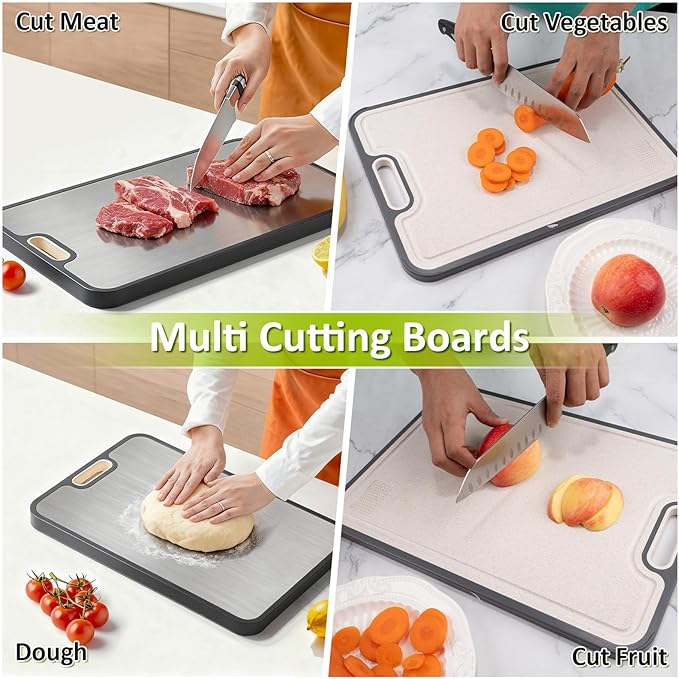 Titanium Cutting Board for Kitchen,Cutting Board Double Sided Food Grade, Pure Titanium and Wheat Straw PP,Chopping Board for Meat/Vegetables, Easy to Clean Large Size 16”×11”