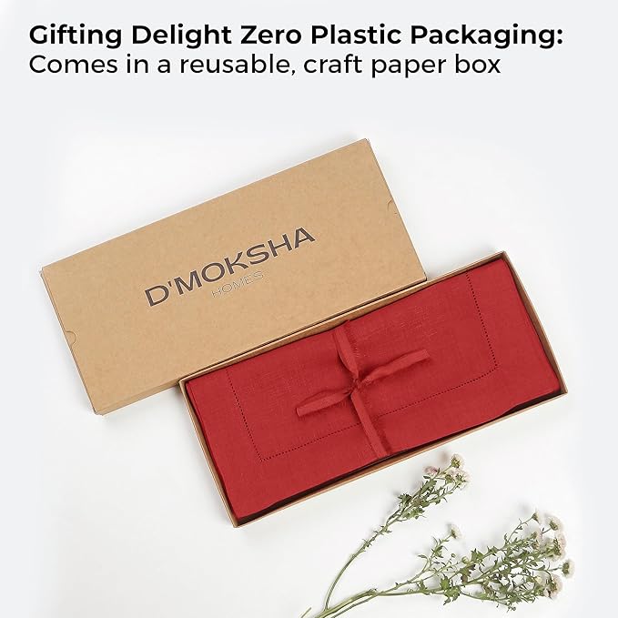 D'Moksha Homes Linen Bright Red Table Runner 60 Inches - Classic Hemstitch, 100% Pure Linen Coffee Table Runner 14 x 60 Inch Ideal for Dresser Tables, Valentines, Spring, Easter