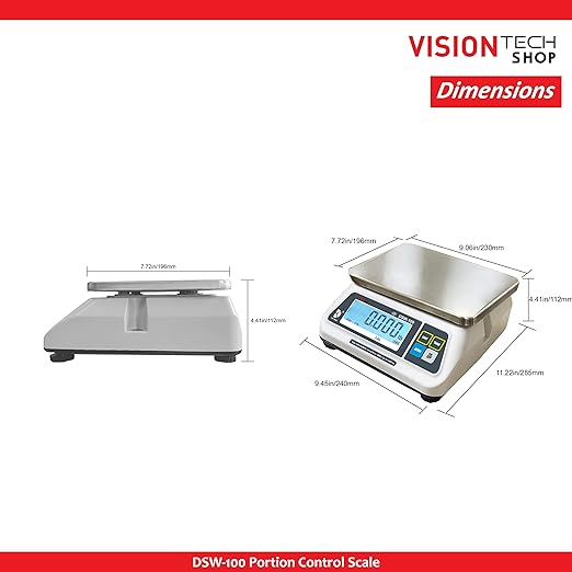 VisionTechShop DSW-100 Portion Food Scale with Dual LCD Display, Stainless Steel Platter, 30lb Capacity, 0.01lb Readability, Lb/Oz/Kg/g Switchable, Low Profile Design, NTEP COC #22-007, NSF Certified