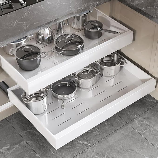 2 Pack Pull Out Cabinet Organizer 19" Deep,Full Extension 3 Slide Rails Slide Out Drawers With Raising Pad for Framed Cabinets,Expandable Width (15.4"-26.2"),No Drill Roll Out shelf,White