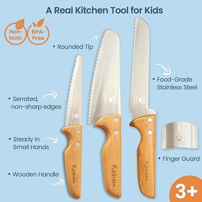 Kibbidea Kids Knife Set for Real Cooking Safe, 4pcs Kids Beginners Kitchen Knives for Cutting Chopping, Food-grade Stainless Steel Blades, Metal Children First Starter knife, BPA-free Tool (Silver)