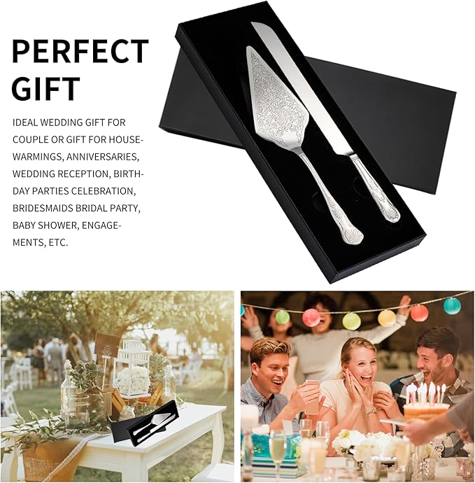GURUDAR Vintage Wedding Cake Knife and Server Set, Stainless Steel Cake Pie Pastry Cutting Knife & Serving Spatula Set, Premium Party Supplies for Wedding, Birthday, Anniversary & Events, Silver