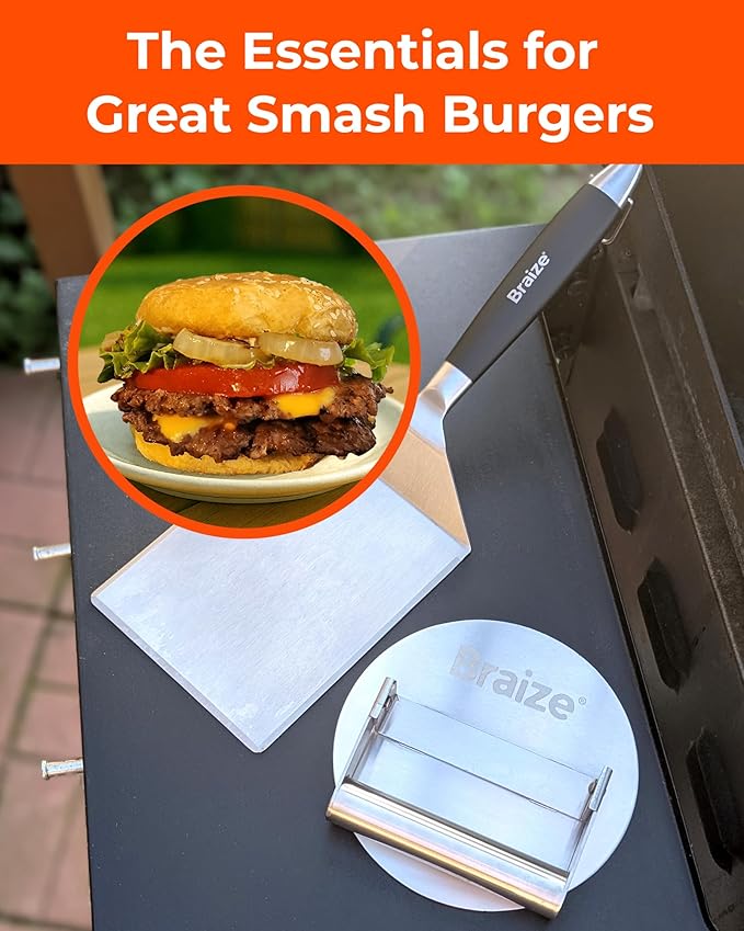 Smash Burger Press Kit – 6.5 Inch Stainless Steel Hamburger Smasher Tool – Heavy Duty Grill Press for Flat Top Griddles and Cast Iron Pan – Perfect for Crispy Smashed Burger Patty – Spatula Set