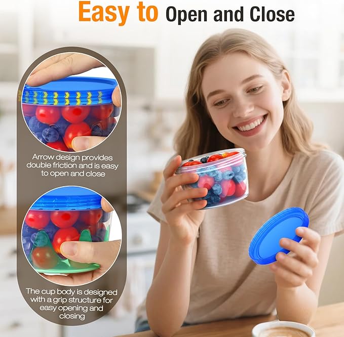Reusable Freezer Storage Containers [UNIQUE INNOVATIVE DESIGN] 12 Pack-17 Oz Arrow Indicates Easy Opening and Closing of Lid Microwave and Dishwasher Safe,Soup Containers for Oats/Salad