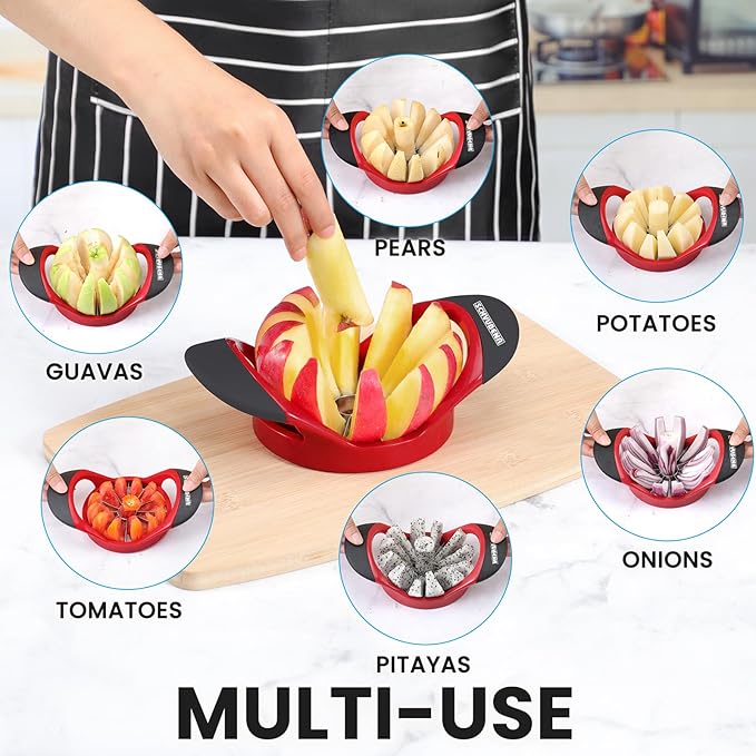 SCHVUBENR Large Apple Corer and Slicer - 4.72 Inch Apple Cutter Slicer with 12 Blades - Stainless Steel Apple Slicer - Sharp Apple Corer Tool - Anti-Slip Grip, Easy to Use & Dishwasher Safe - Red