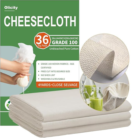 Olicity Cheese Cloths, Grade 100, 36 Sq Feet, Reusable Cheese Cloth with Closed Edges Fabric Fine Mesh Cloth, Unbleached Cotton Muslin Cheesecloth for Straining,Bread,Tea,Crafts,Free Cutting - 4 Yards