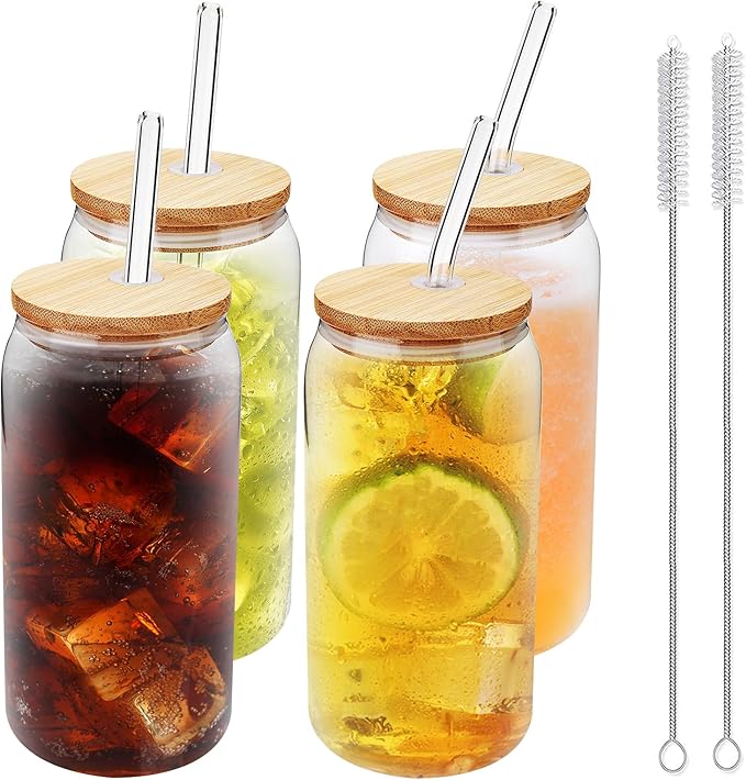 4 Set Glass Cups with Bamboo Lids and Straws, 20oz Drinking Beer Glasses, Iced Coffee Cups, Cute Tumbler with 2 Cleaning Brushes, Ideal for Bubble Tea, smoothie, Juice