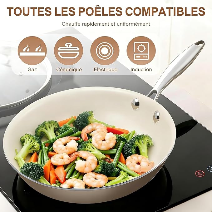 Jovire 8.5 Inch Ceramic Nonstick Frying Pan with lid Skillet - PFAS-Free, Non-Toxic, Oven Safe & Induction Ready, Aluminum Cookware with Stainless Steel Handle