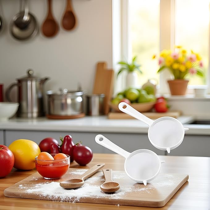 2Pcs Small White Mesh Kitchen Sifter - Plastic Mesh Strainers Sieve,Colanders and Sieve with Handle for Tea Pasta Flour Rice Fruits Vegetable, Food Strainers