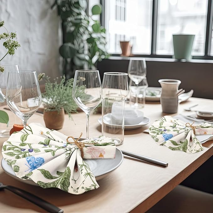 36 Pcs Herbs and Wild Flowers Cloth Napkins Floral Plants Reusable Napkins Country French Toile Dinner Soft Absorbent for Summer Holiday Party