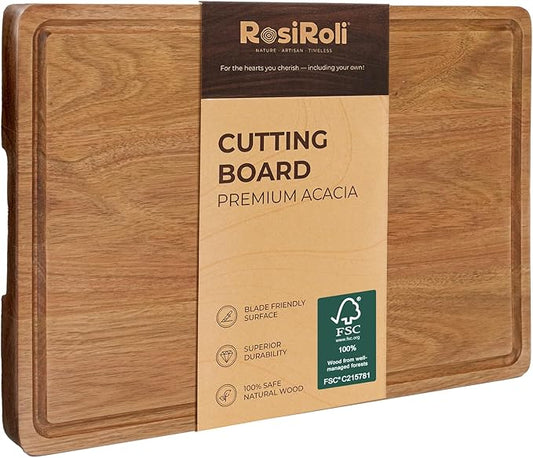 RosiRoli Acacia Wood Cutting Board for Kitchen - 17"x12" Large Chopping Board with Juice Grooves & Handles, 1" Thick FSC Certified Butcher Block Cutting Board for Meat and Veggies, Ideal Gift