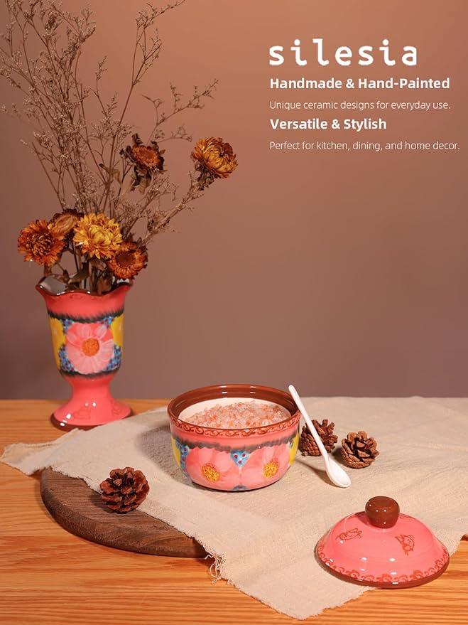 silesia Handmade Sugar Bowl with Lid and Spoon, 10 Ounce Ceramic Hand-Painted Sugar Jar for Kitchen in Gift Box, Kitchen Decor, Oven, Dishwasher & Microwave Safe, Glazed Pink