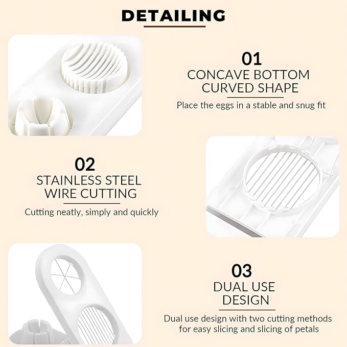 Generic 2 in 1 stainless steel wire egg slicer; cooked egg slicer; egg cutter; strawberry slicer; multi-purpose egg slicer; suitable for slicing soft fruits, etc., 7.87L*3.54W*1.18H, White