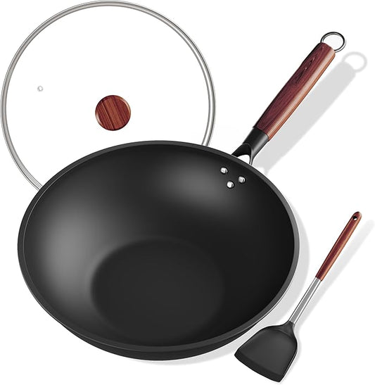 ziluetar Carbon Steel Wok 13-Inch Wok Pan with Glass Cover Silicone Spatula, Non-Stick Surface Woks & Stir-Fry Pans Pre-Seasoned Chinese Wok Pan for Induction, Electric, Gas Stoves Cooking
