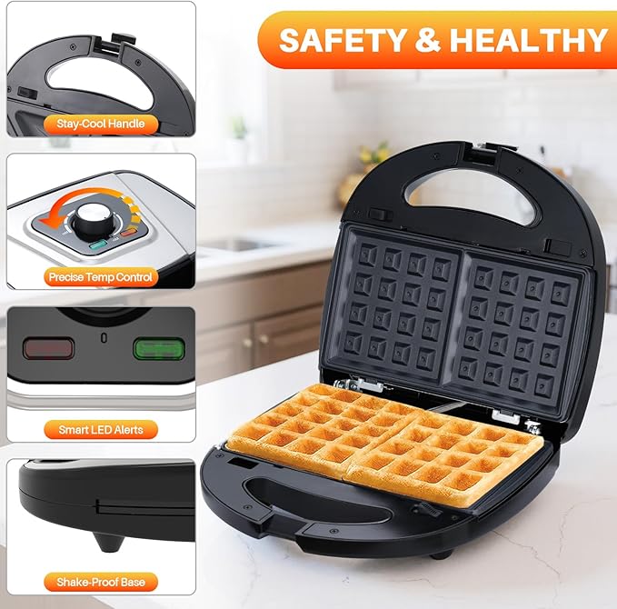 6 in 1 Waffle Maker With Removable Plates,Breakfast Sandwich Maker,Panini Press Grill Mini Donut Maker Machine with 5-Gear Temperature Control for Cooking Steaks Burgers,Grilled,Cheese