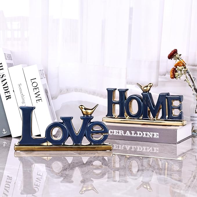 Love Sign Decor,Blue and Gold Room Decor Aesthetic, Knick Knack Shelf,Gold Bird Decor, Boho Bookshelf,Abstract Gold Statue,for Living Room,Bedroom, Contemporary Tv Stand Set of 2 (2, Blue)