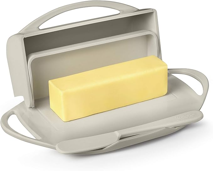 Butterie Flip-Top Butter Dish with Lid & Matching Knife, Holds 2 Sticks/European Butter, No-Mess Butter Holder, Shatterproof, Dishwasher Safe, Ivory