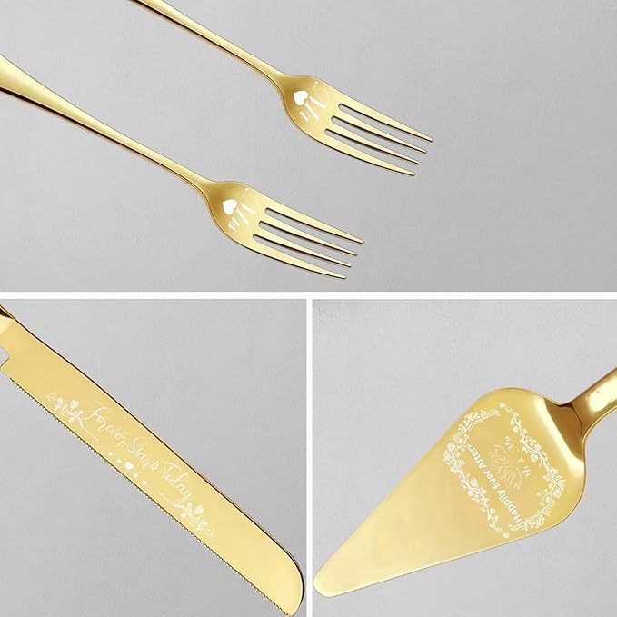 4 Pieces Wedding Cake Cutting Set Knife and Forks Set Wedding Cake Knife and Server Set Sliver Forks Engraved Mr. and Mrs.for Engagements, Anniversaries, Bride and Groom (Gold MR&MRS)