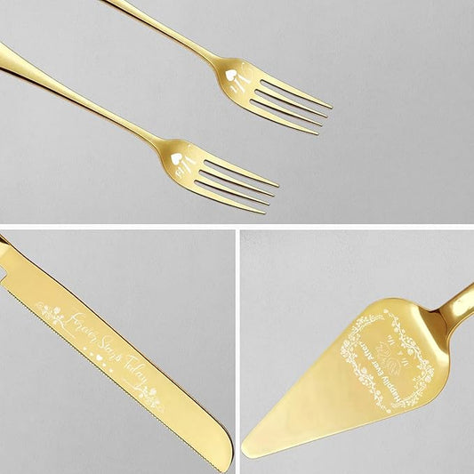 4 Pieces Wedding Cake Cutting Set Knife and Forks Set Wedding Cake Knife and Server Set Sliver Forks Engraved Mr. and Mrs.for Engagements, Anniversaries, Bride and Groom (Gold MR&MRS)