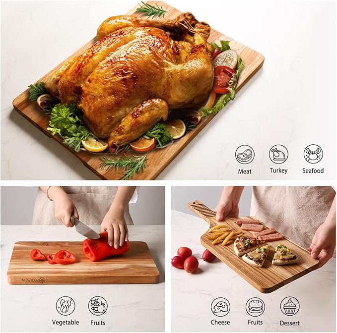 YUSOTAN Teak Wood Cutting Board Set of 3 for Kitchen, Thick Chopping Board, Large Wooden Cutting Board Set, Wooden Trays for Turkeys, Meat, Fruit and Cheese