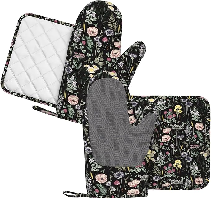 Black Floral Silicone Oven Mitts and Pot Holders Sets Dark Wildflower Rustic Flower Blossom Farmhouse Leaves Botanical Kitchen Mitts Potholder Kitchen Accessories for Cooking Baking BBQ