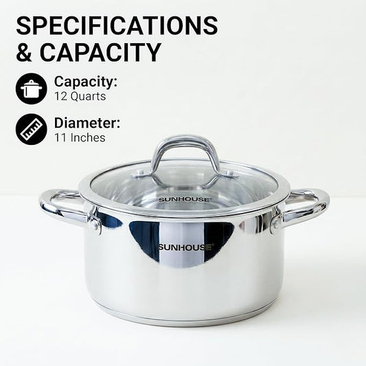 Sunhouse Professional 12-Quart Whole-Clad Multi-Ply Stainless Steel Stock Pot with Lid - Premium 18/10 Whole Body Clad Stock Pot - Induction Ready, Oven Safe Dishwasher Safe Cooking Pot