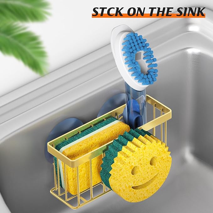 Sponge Holder Smiley Face, for kitchen Sink, Kitchen Organizer Sponge Holder with 2 PCS Suction Cups/1 PCS Adhesive Strips, Designed for Sponge, Soap, Dish brush, Scrubber-Gold