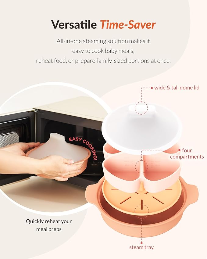 Moyuum Silicone Microwave Divided Steamer | Made in Korea, Baby Food Maker Bowl with 4 Compartment Divider and Steaming Tray, Steam Cooking Pot for Purees and Vegetables, Dishwasher Safe - Terra Cotta
