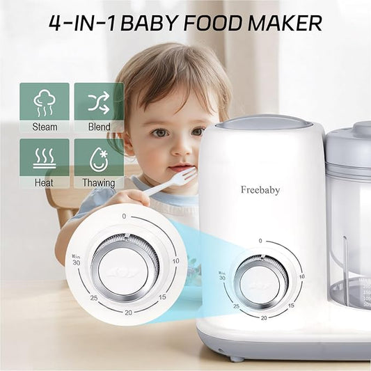 Freebaby 4 in 1 Baby Food Maker, One Step Baby Food Processor, Puree Blender Grinder Mills and Steamer, Baby Puree Maker with Steam Basket, One Button Easy Operation, BPA-Free