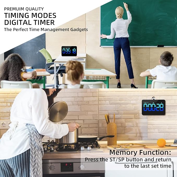 Kitchen Digital Timer, Count Down Up, Rechargeable, Vibration Mode Adjustable Volume and Brightness LED Display, Time Management Cook, Desk, Kids Adults Study Teaching, Kitchen Gadgets Blue