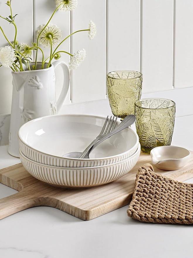 LE TAUCI Pasta Bowls 46oz, Large Salad Bowl, Ceramic Embossment Stoneware Serving Plate for Fruits, Noodle, Dinner, House-warming Wedding Present - 9 Inch, Set of 4, Arctic White
