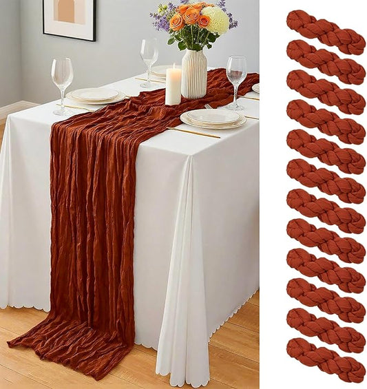 12 Pack Terracotta Cheesecloth Table Runner 10Ft, Christmas Table Runner 21.5 x 120 inch, Burnt Orange Semi Sheer Cheese Cloth Fabric Thanksgiving Runner Bulk for Wedding,Party,Bridal Shower