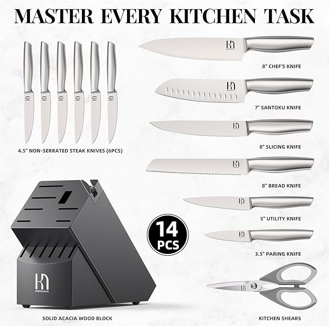 Knife Set Premium, Kitchen Knife Block Set 14 Pcs Japanese High Carbon Stainless Steel Enduring Razor Sharp, Black Chef Knives Set with Built-in Sharpener and Acacia Wood Block for Kitchen