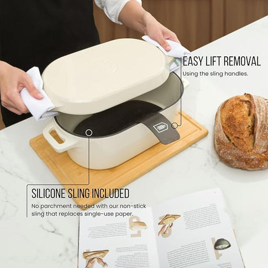 KooK Dutch Oven, For Sourdough Baking, Dual Handles, Enameled Cast Iron, includes Silicone Mat and Sourdough Guide, Dishwasher Safe, 5 Qt, (Ivory)