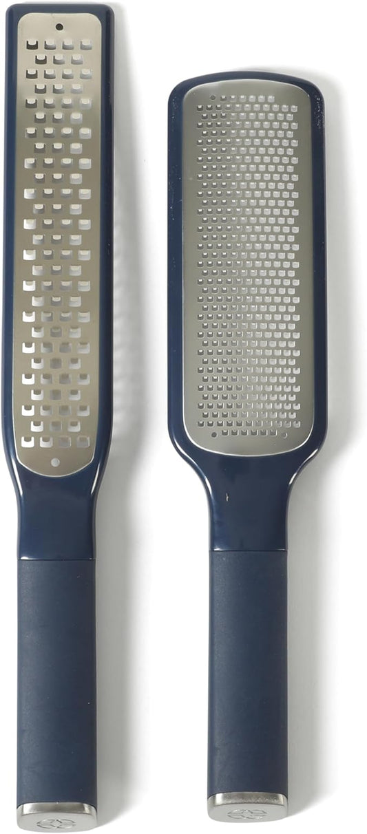 Calphalon Edge 2 Piece Stainless Steel Handheld Cheese Grater and Lemon Zester W/Covers & Rubber Handles - Navy Blue
