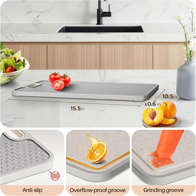 Titanium Cutting Board for kitchen, Dual Sided Food Grade Titanium & Wheat Straw PP, Non Slip Scratch Resistant Easy Clean, 15.5" x 10.5"