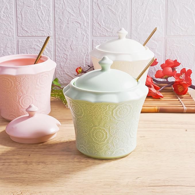 13.5oz Sugar Bowl with Lid and Spoon Pink Ceramic Sugar Creamer Container, Sugar Jar, Durable Sugar Pot for Coffee Bar Accessories, Coffee Bar Decor