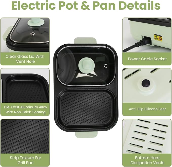 iMounTEK Electric Hot Pot with Grill 2-IN-1 Hot Pot and Frying Pan Portable Non-Stick Pot and Griddle Electric Cooker Pot with Glass Lid Fast Heating BBQ Steaks Noodles for 1-2 People Party