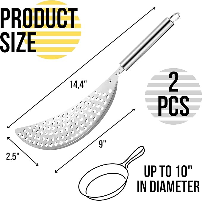 Pack of 2 Held Crescent Drainer Pan Pot Strainer with Handle Stainless Steel Hand for Spaghetti Fry Noodles Fruit Vegetable Pasta Strainer Colander Heavy Duty Food Drainers