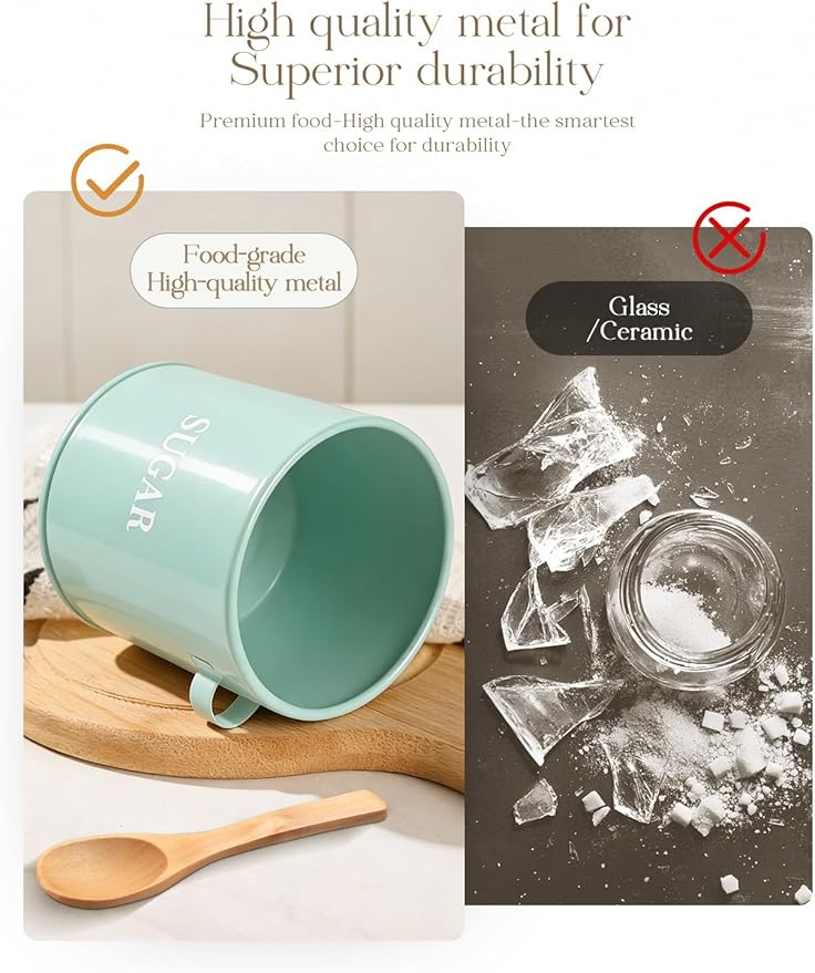 AISBUGUR Sugar Bowl with Lid and Spoon: 17oz Metal Sugar Container - Airtight Food Sugar Jar - Coffee Bar Accessories - Countertop Kitchen Decor (Green)