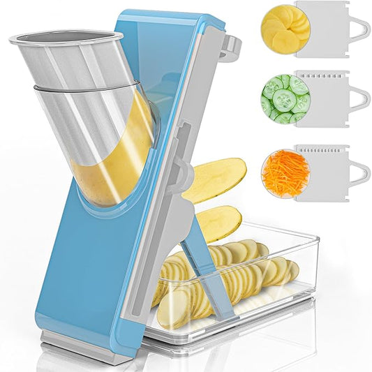 Eletronova Safe Mandoline Slicer for Kitchen, Vegetable Slicer for Kitchen，Kitchen Food Slicer, French Fry Cutter Julienne Dicer for Vegetables Grey (Gray & Light Blue)