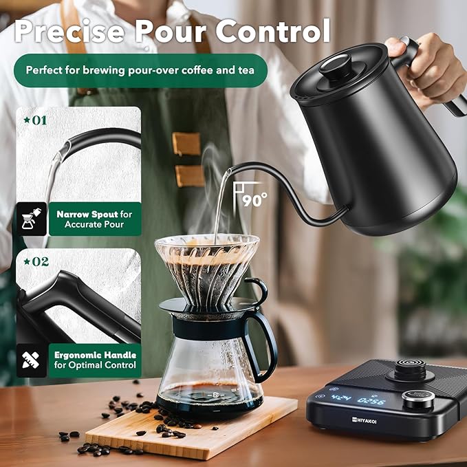 HIYAKOI Gooseneck Electric Kettle with ±1℉ Temperature Control, Pour Over Kettle for Coffee & Tea, 1200W Rapid Heating, Stainless Steel Water Boiler with 12H Keep Warm & Built-in Timer, 0.8L/27oz