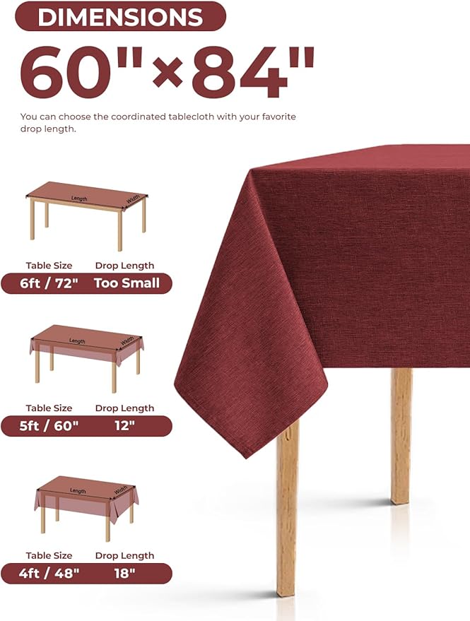 Faux Linen Farmhouse Table Cloth 60"x84" for 4-6 ft Rectangle Table, Burgundy Waterproof Outdoor Washable Cloth Tablecloth for Rectangular Dining Room Kitchen Outdoor Party Restaurant Table